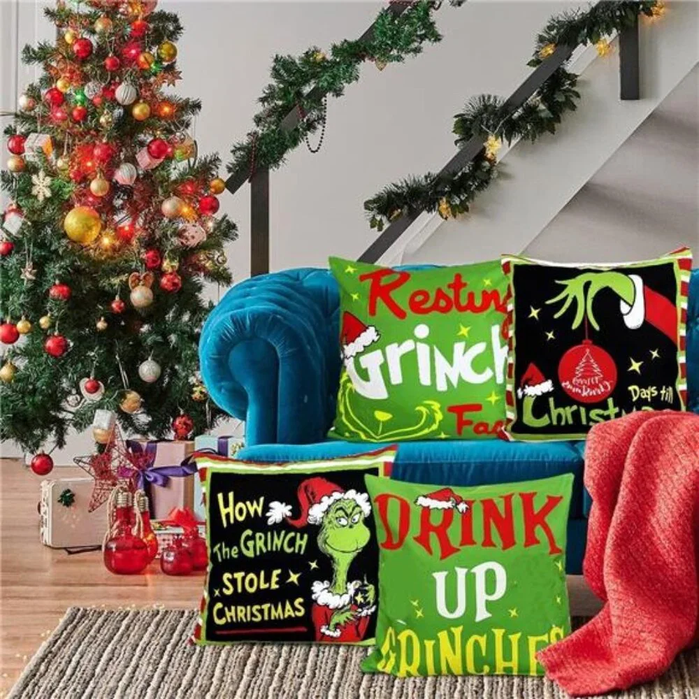 Set of 4 Merry Christmas Throw Pillow Covers, 20x20, Black & Green Holiday Decor